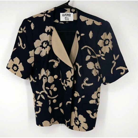 Kasper Jackets & Blazers - Kasper Black and Beige Floral Short Sleeve Jacket